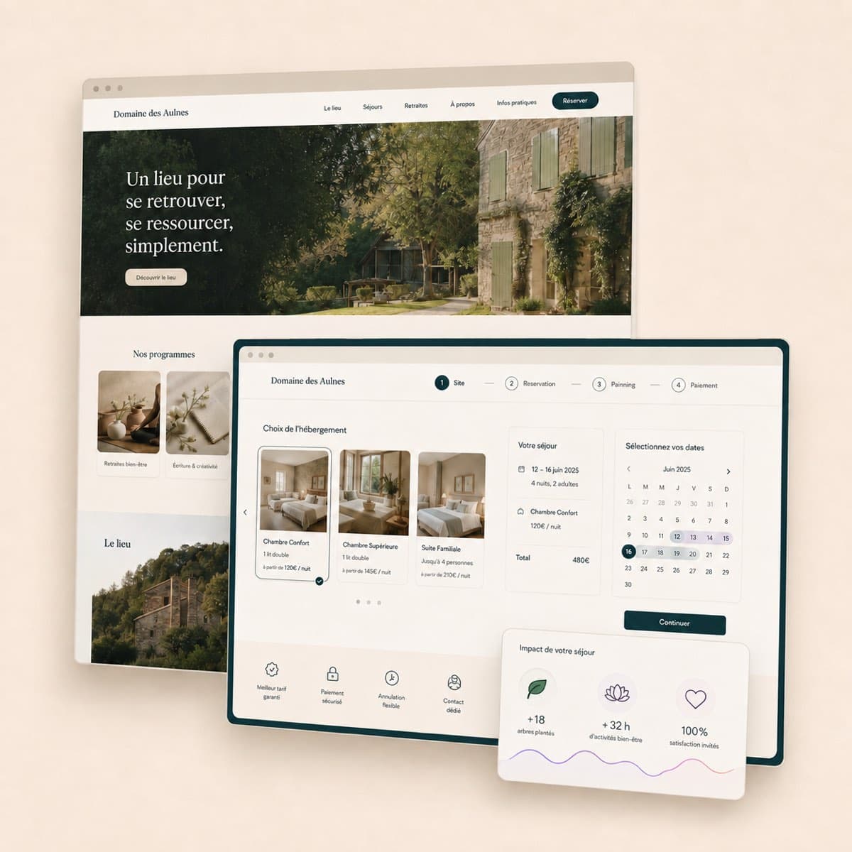 Maquette d'un site de lieu d'accueil avec application de réservation sur mesure : choix de l'hébergement, calendrier des disponibilités et étapes de paiement
