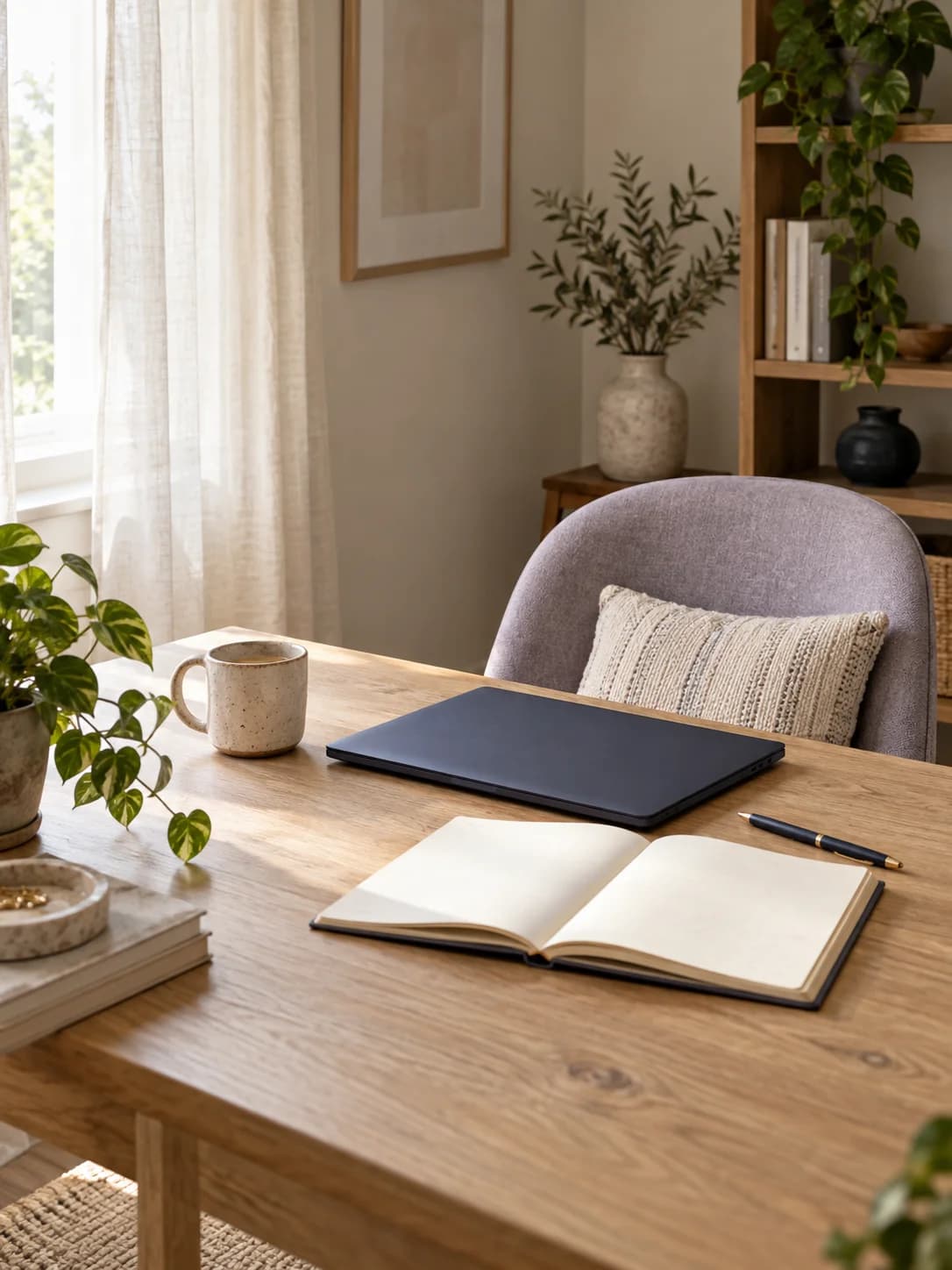 Bureau lumineux avec un carnet ouvert, une tasse et un ordinateur fermé