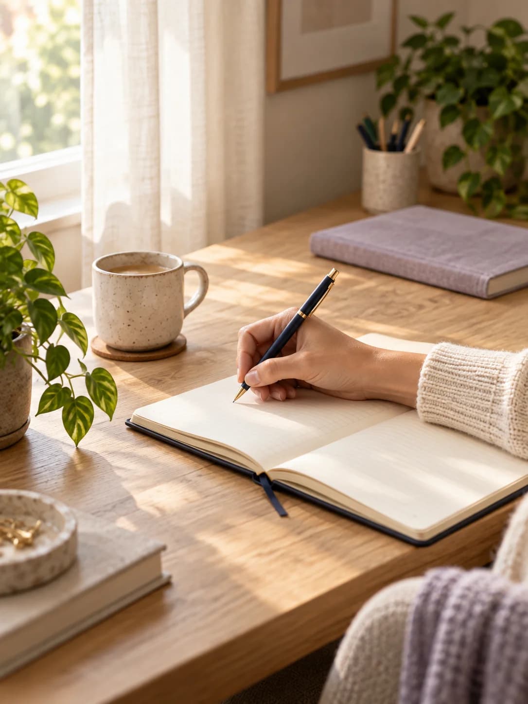 Une main écrit dans un carnet sur un bureau lumineux