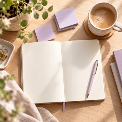 Carnet ouvert, post-it et café sur un bureau