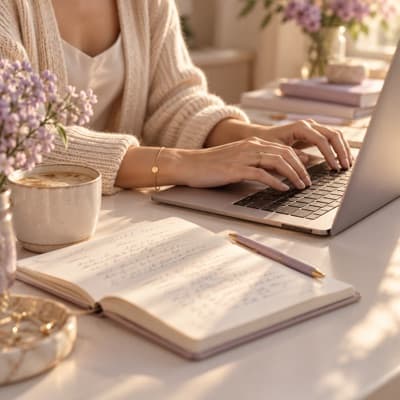 Carnet de notes et ordinateur sur un bureau lumineux